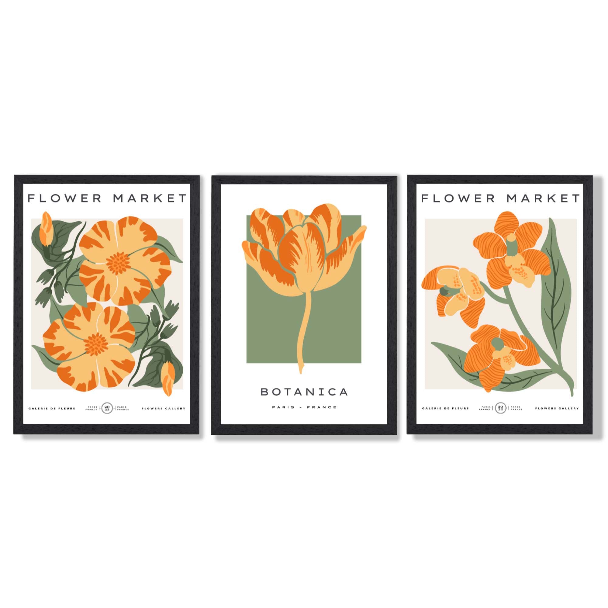 Set of 3 Green and Yellow Flower Market Tulip Framed Art Prints with Black Wooden Frames