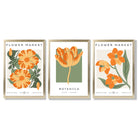 Set of 3 Green and Yellow Flower Market Tulip Framed Art Prints with Gold Wood Frames