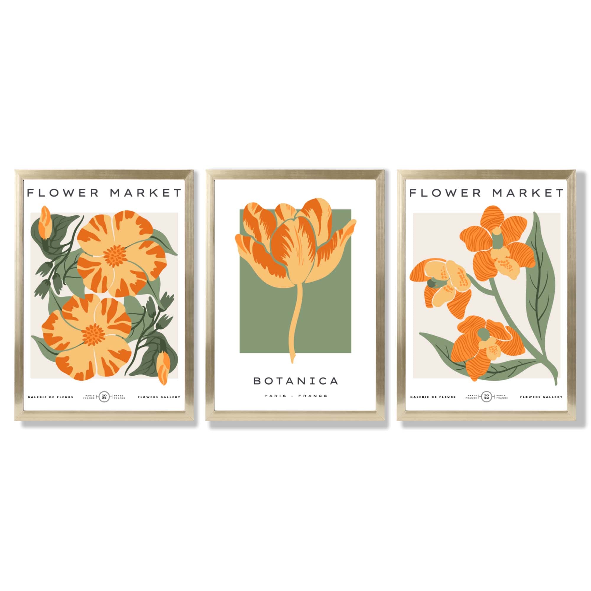 Set of 3 Green and Yellow Flower Market Tulip Framed Art Prints with Gold Wood Frames