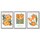 Set of 3 Green and Yellow Flower Market Tulip Framed Art Prints with Light Grey Wooden Frames