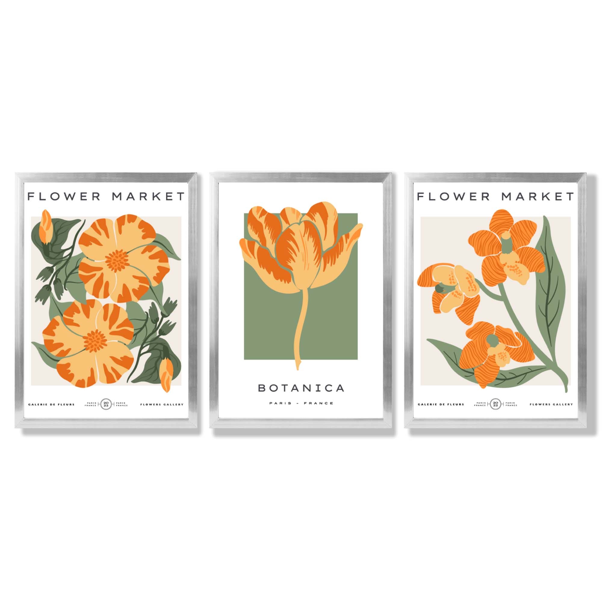 Set of 3 Green and Yellow Flower Market Tulip Framed Art Prints with Silver Wood Frames