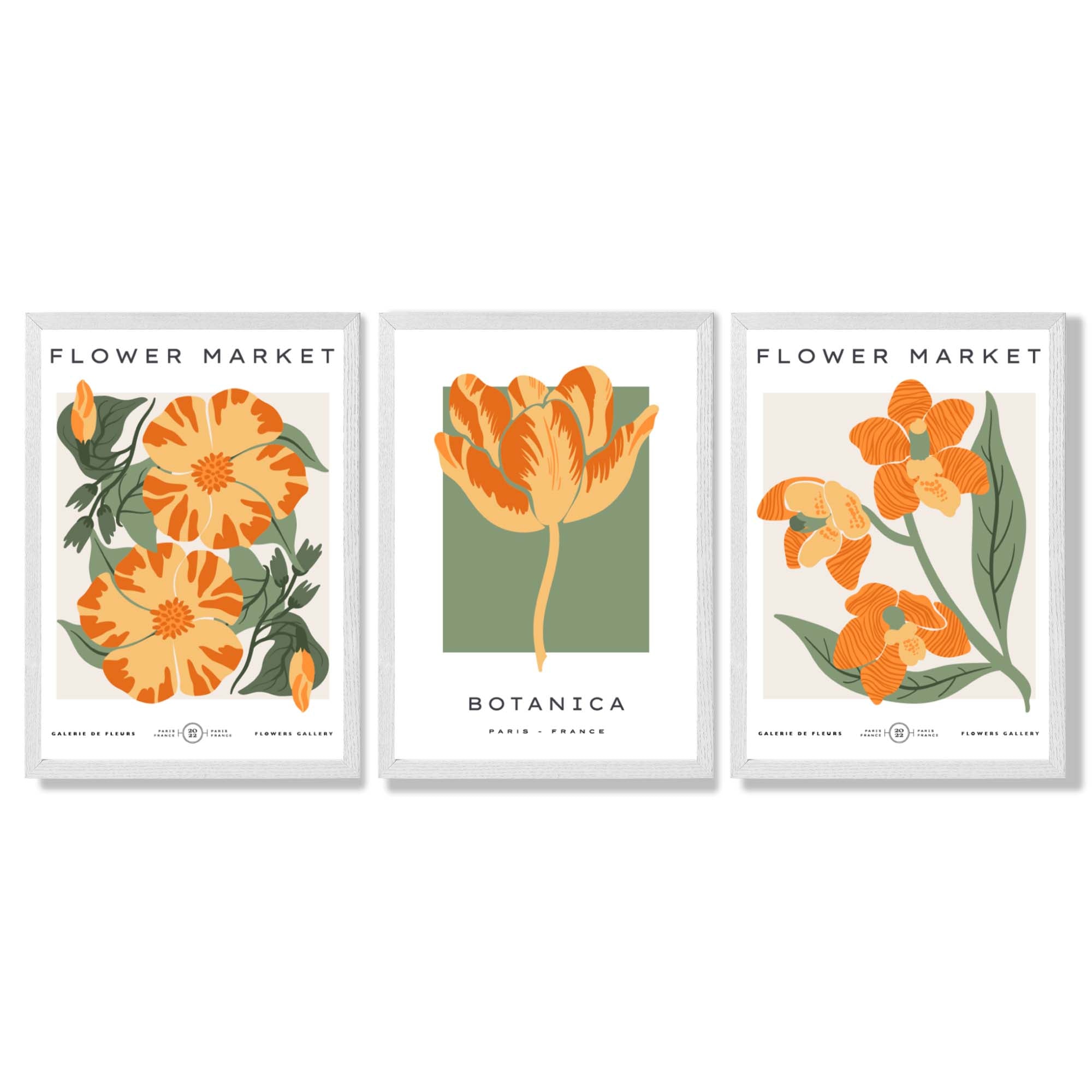 Set of 3 Green and Yellow Flower Market Tulip Framed Art Prints with White Wooden Frames