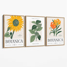 Set of 3 Green and Yellow Flower Market Sunflower Canvas Art Prints with Oak Float Frame