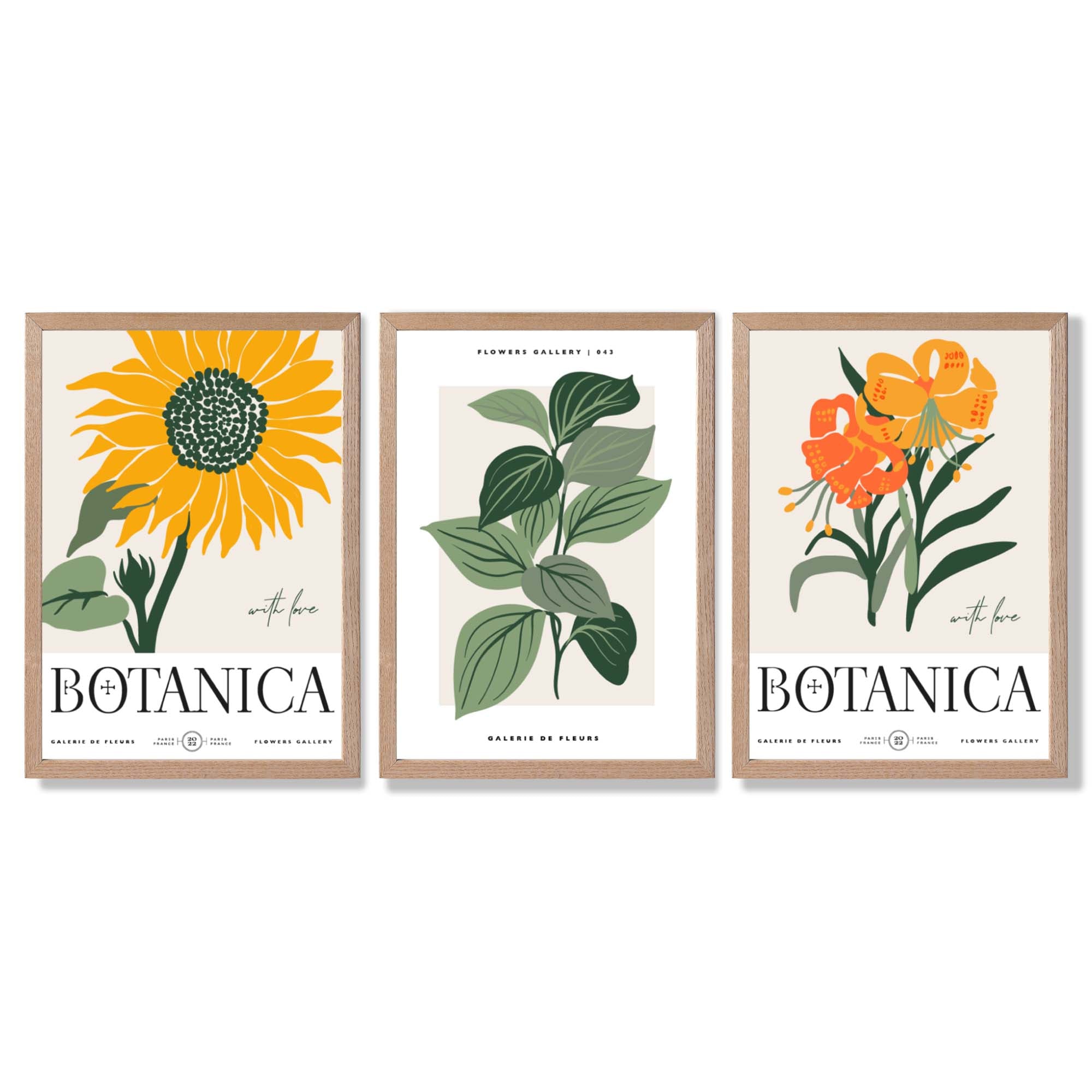 Set of 3 Green and Yellow Flower Market Sunflower Framed Art Prints with Light Oak Frames