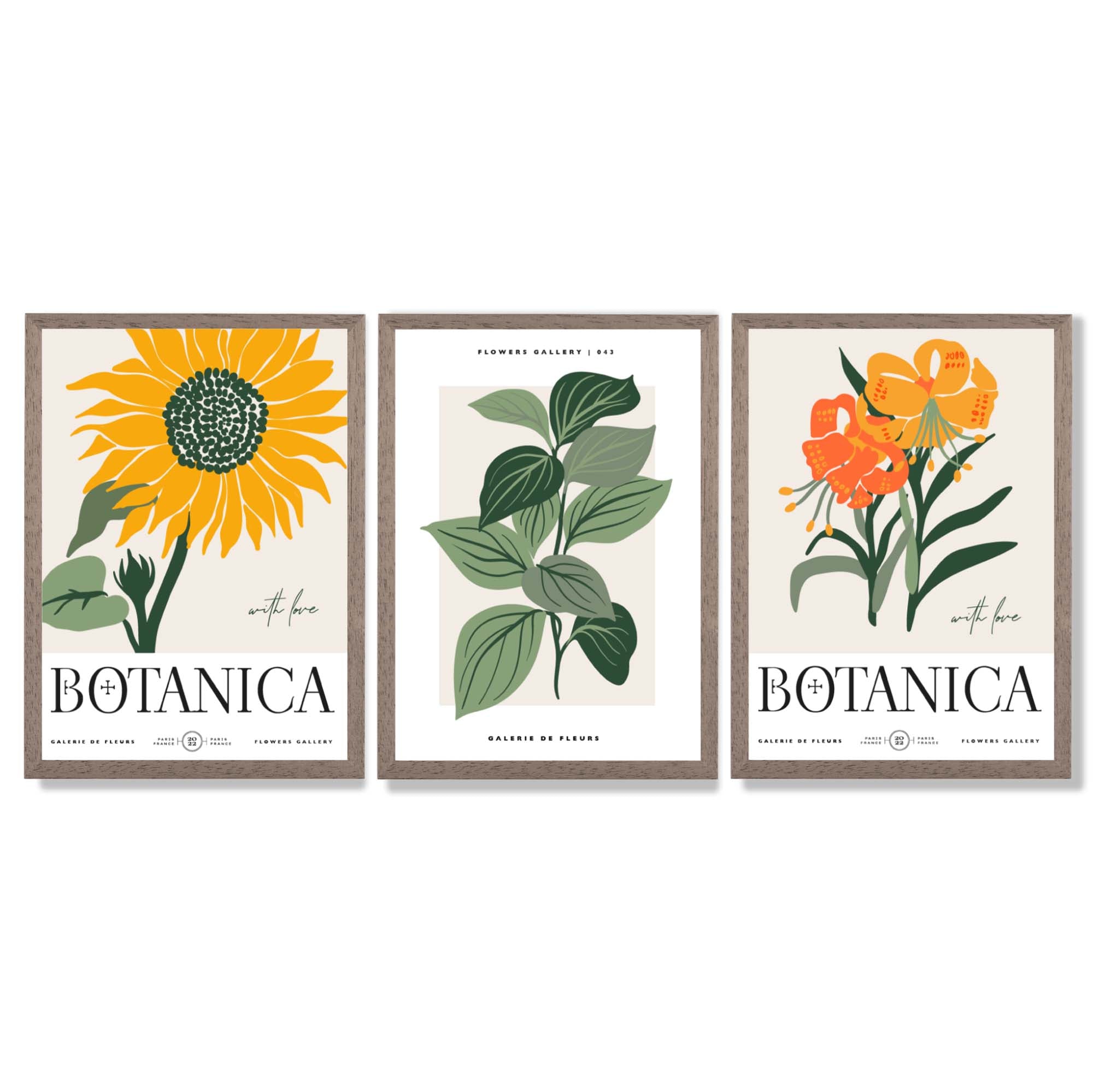Set of 3 Green and Yellow Flower Market Sunflower Framed Art Prints with Light Walnut Frames