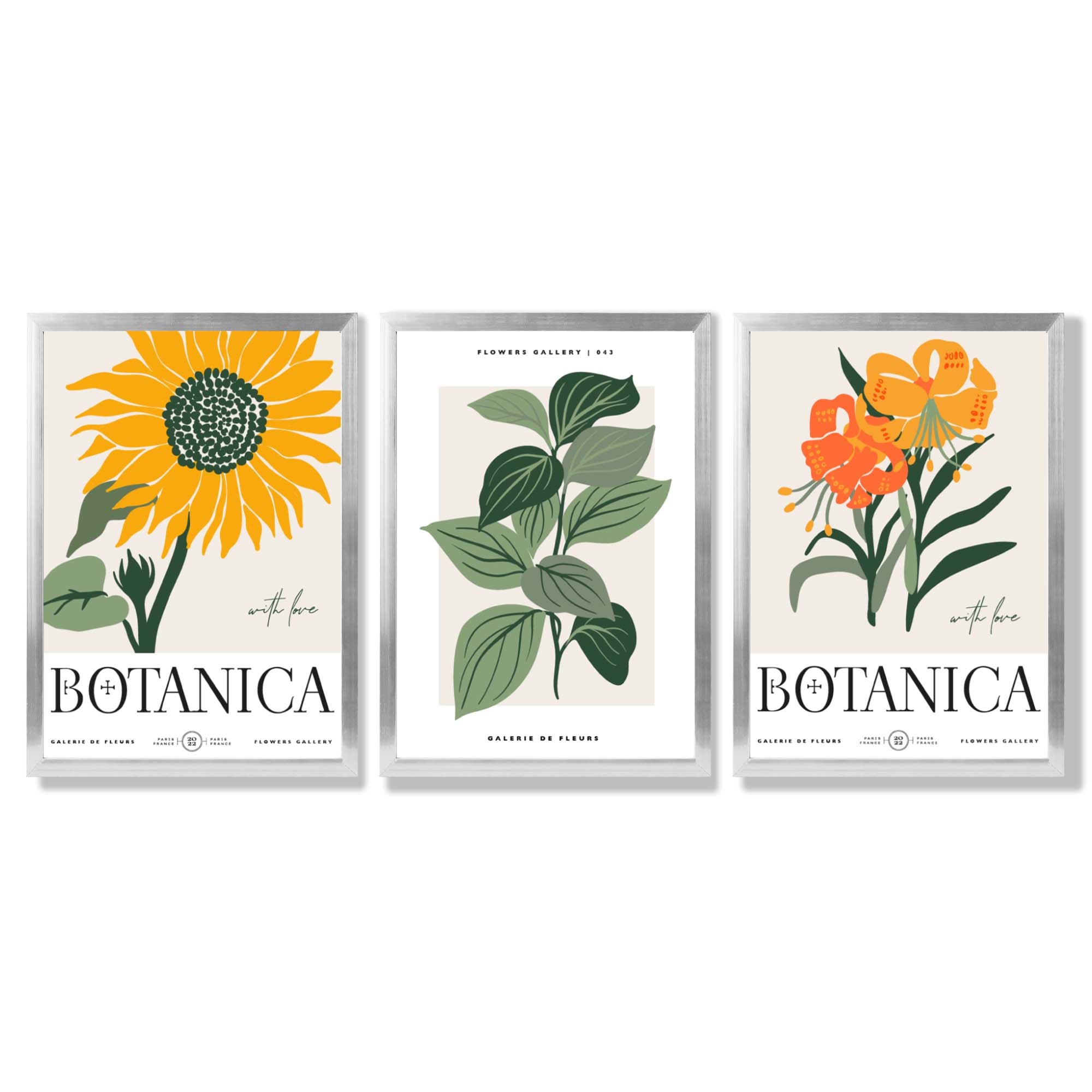 Set of 3 Green and Yellow Flower Market Sunflower Framed Art Prints with Silver Wood Frames