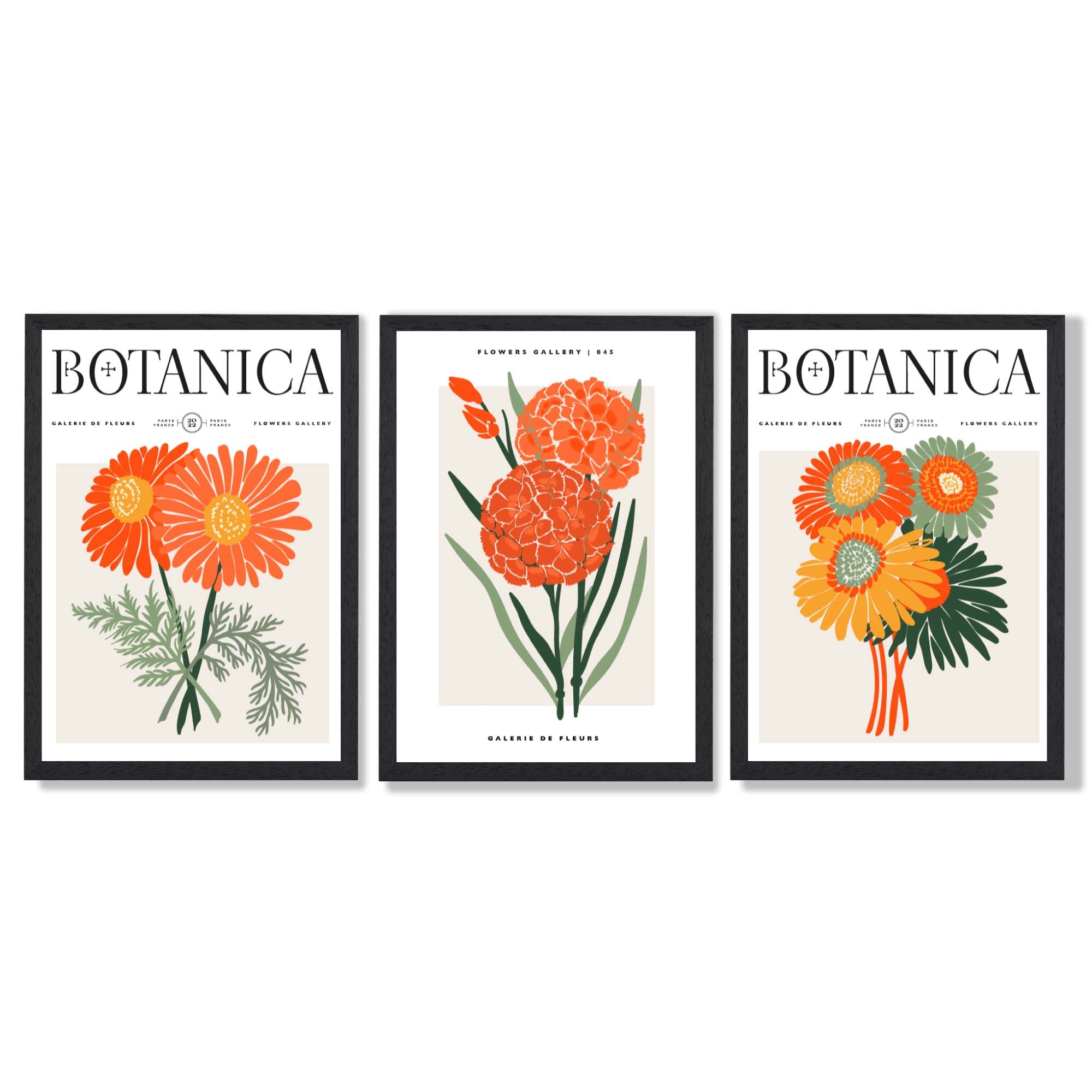 Set of 3 Green and Orange Flower Market Blooms Framed Art Prints with Black Wooden Frames