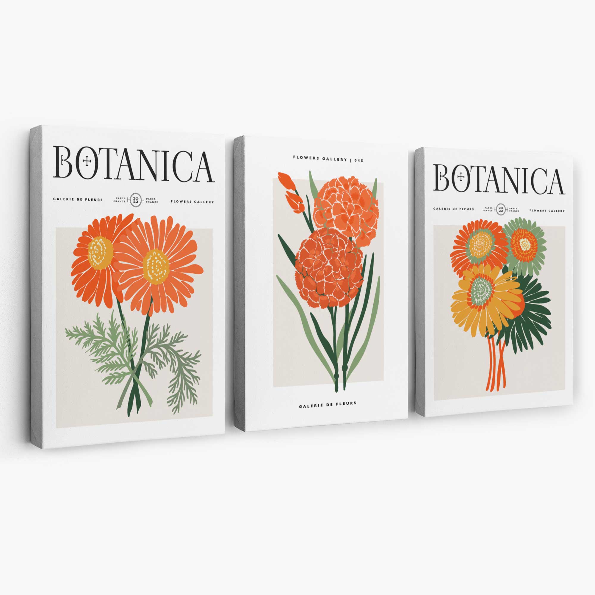 Set of 3 Green and Orange Flower Market Blooms Canvas Art Prints | Artze Wall Art