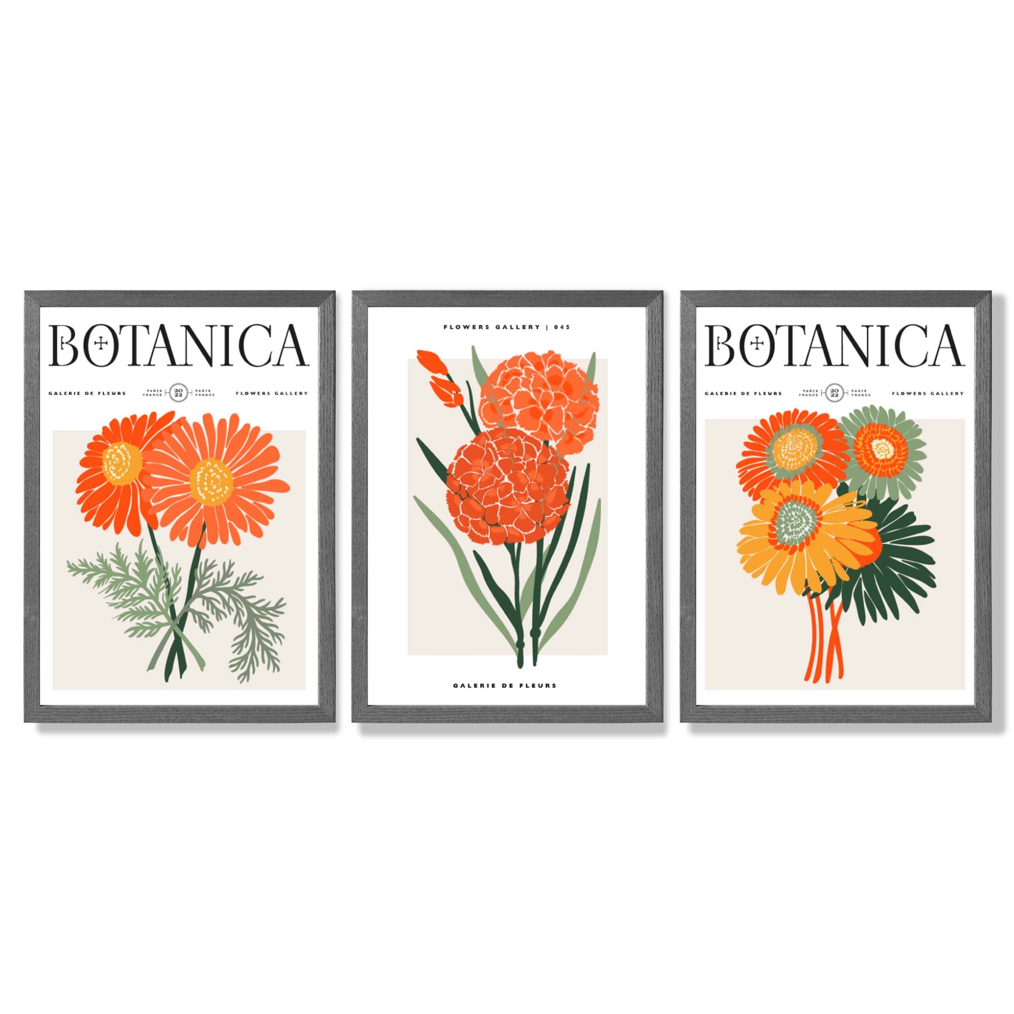 Set of 3 Green and Orange Flower Market Blooms Framed Art Prints with Dark Grey Wooden Frames