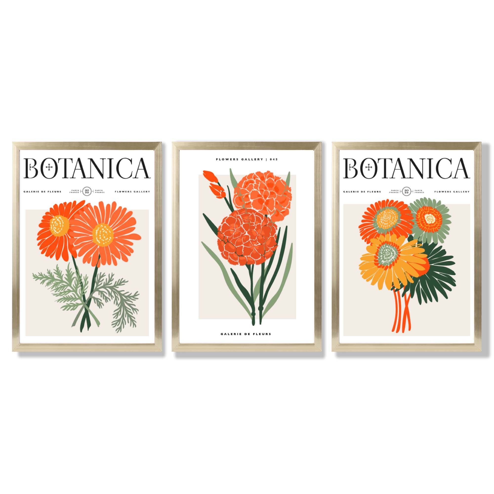 Set of 3 Green and Orange Flower Market Blooms Framed Art Prints with Gold Wood Frames