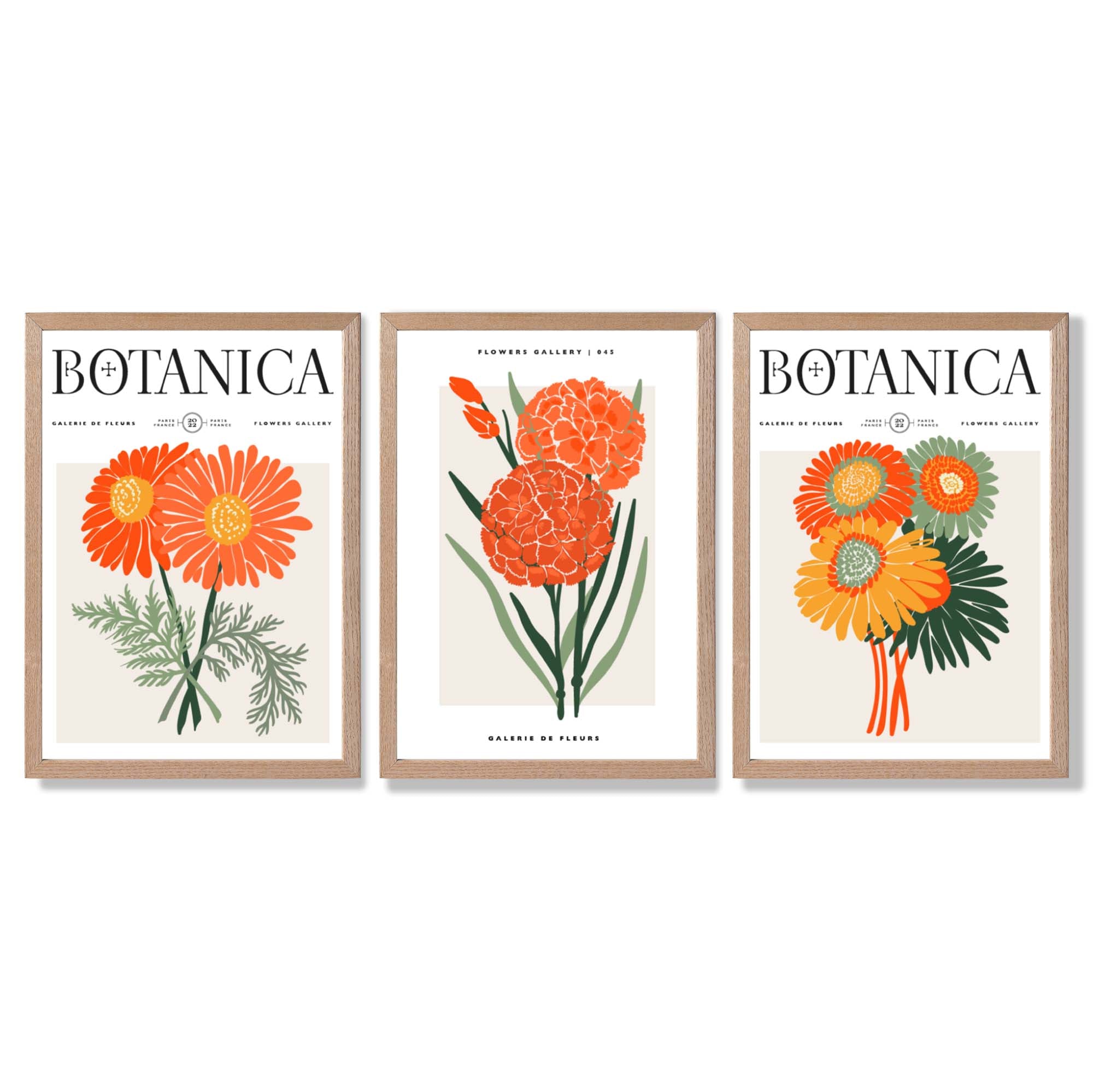 Set of 3 Green and Orange Flower Market Blooms Framed Art Prints with Light Oak Frames