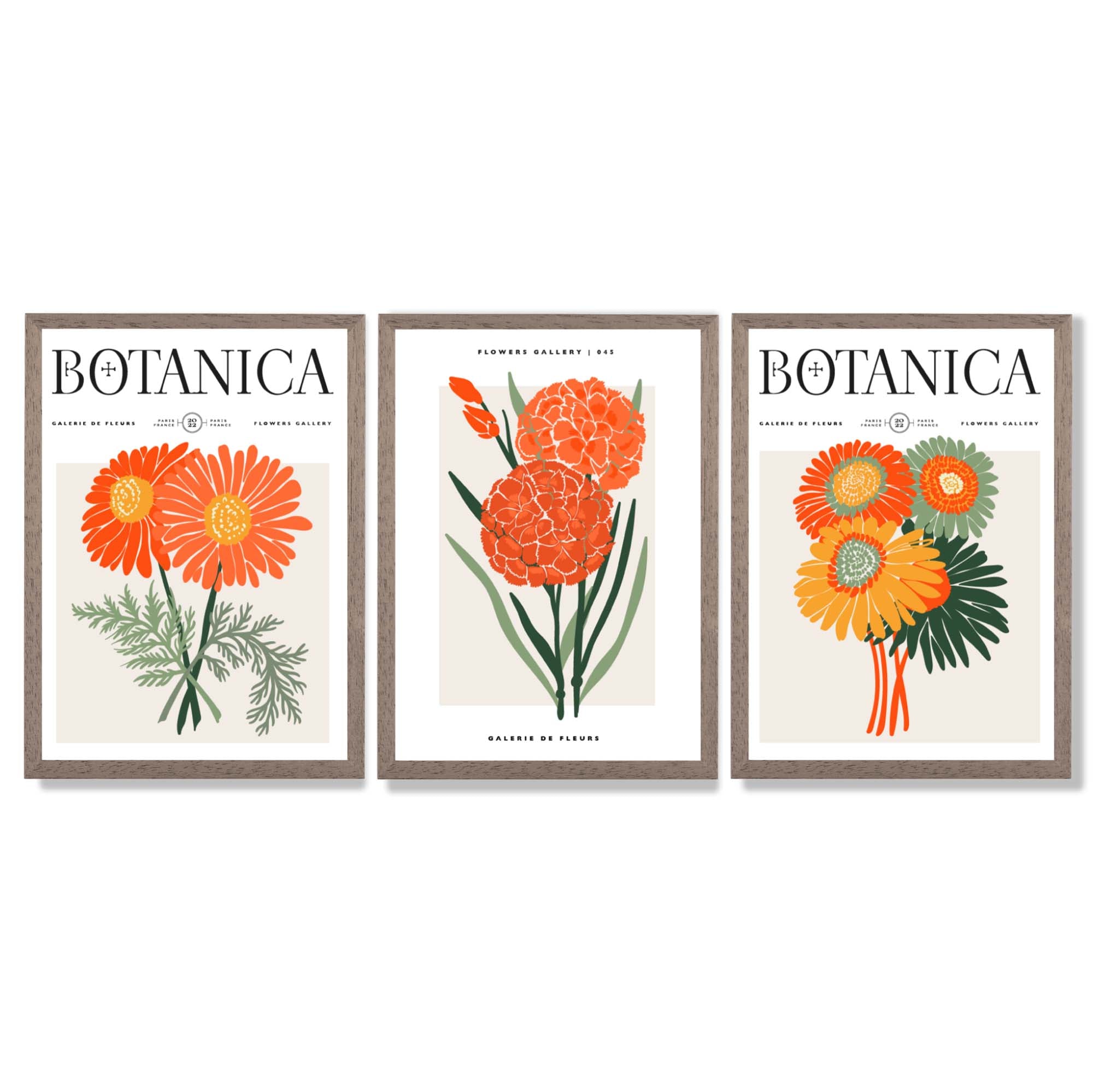 Set of 3 Green and Orange Flower Market Blooms Framed Art Prints with Light Walnut Frames