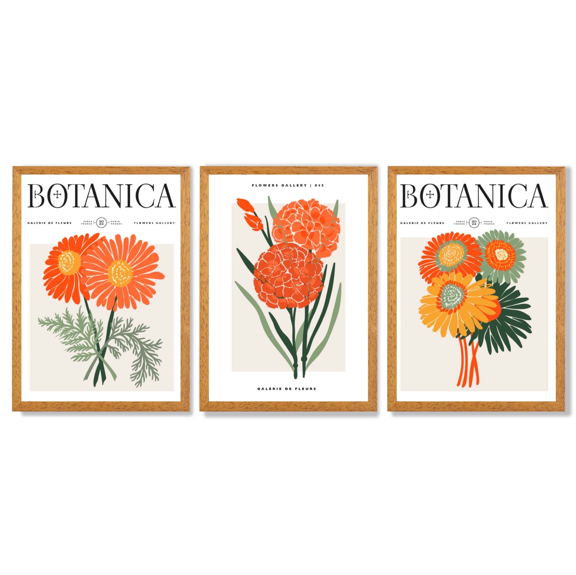 Set of 3 Green and Orange Flower Market Blooms Framed Art Prints with Oak Wooden Frames