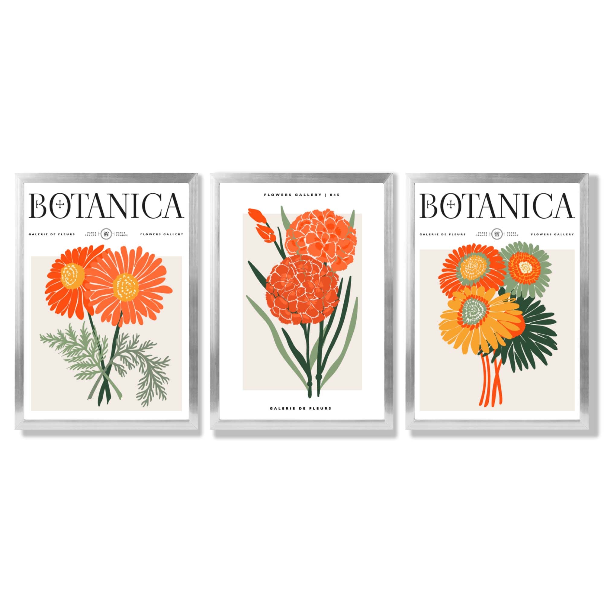 Set of 3 Green and Orange Flower Market Blooms Framed Art Prints with Silver Wood Frames