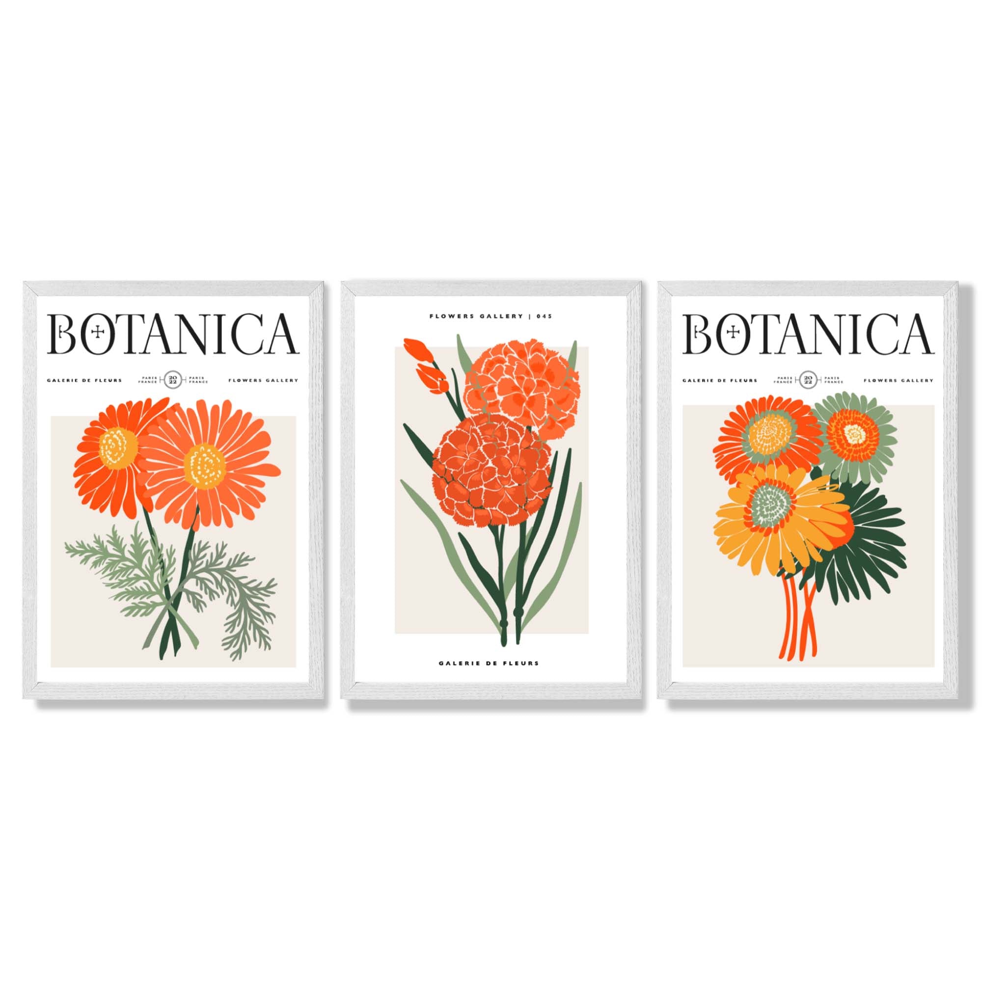 Set of 3 Green and Orange Flower Market Blooms Framed Art Prints with White Wooden Frames