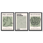 Set of 3 Set of 3 Picasso,Matisse and Yayoi Kusama Sage Green Framed Art Prints with Black Wooden Frames