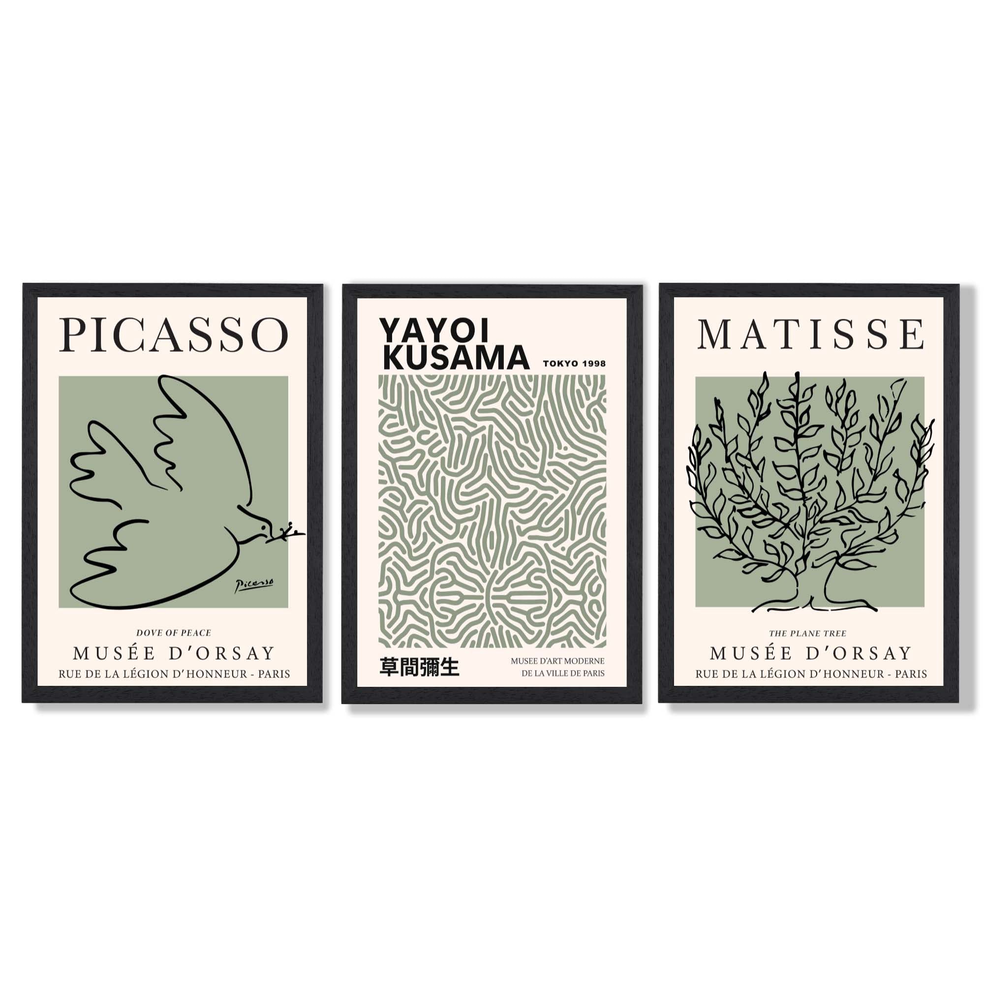 Set of 3 Set of 3 Picasso,Matisse and Yayoi Kusama Sage Green Framed Art Prints with Black Wooden Frames