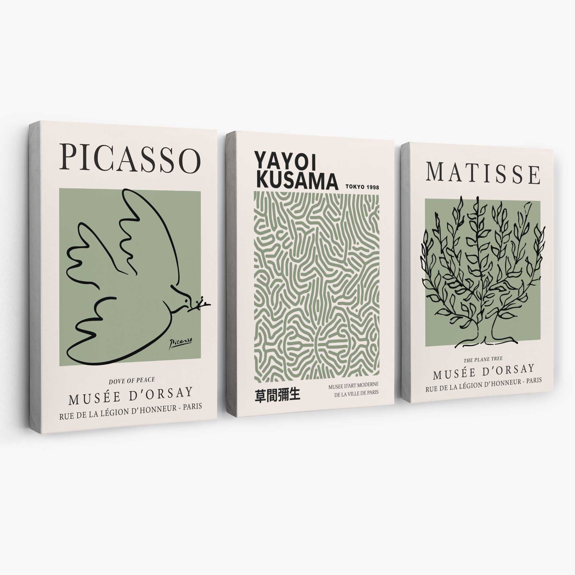 Set of 3 Set of 3 Picasso,Matisse and Yayoi Kusama Sage Green Canvas Art Prints | Artze Wall Art