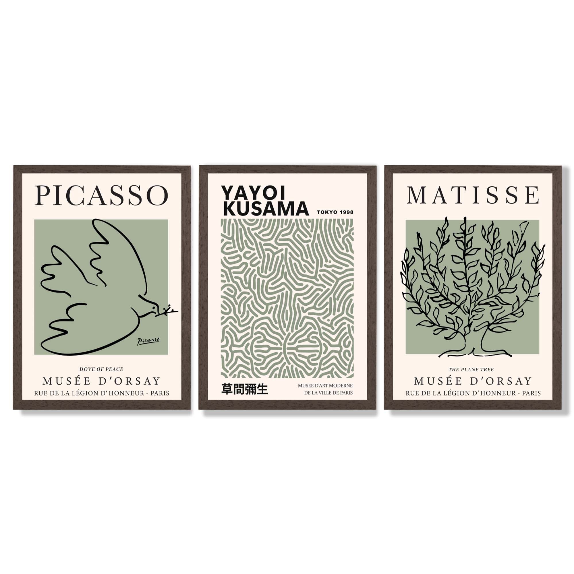 Set of 3 Set of 3 Picasso,Matisse and Yayoi Kusama Sage Green Framed Art Prints with Dark Wood Frames
