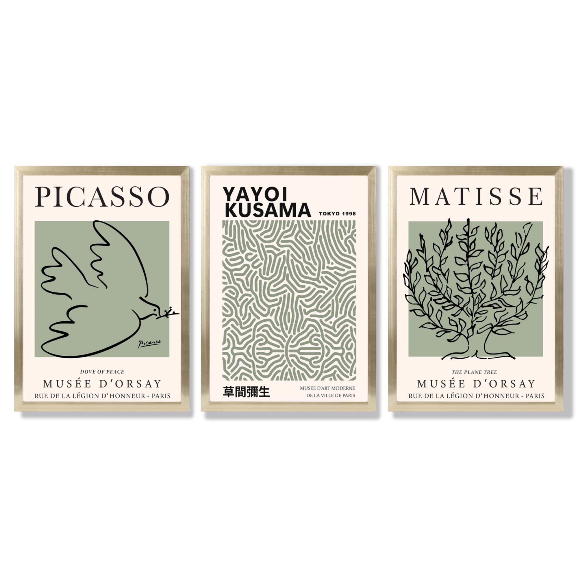 Set of 3 Set of 3 Picasso,Matisse and Yayoi Kusama Sage Green Framed Art Prints with Gold Wood Frames