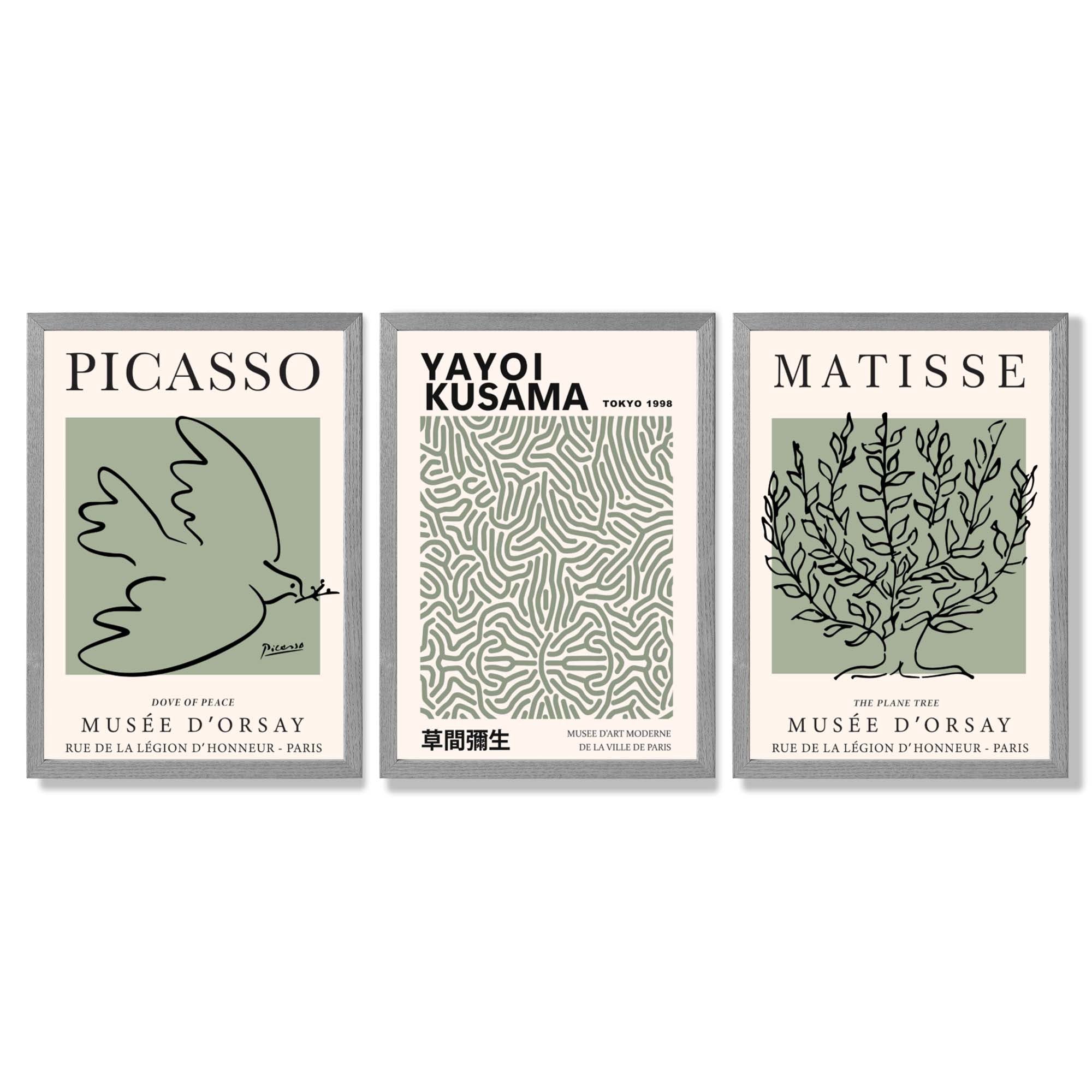 Set of 3 Set of 3 Picasso,Matisse and Yayoi Kusama Sage Green Framed Art Prints with Light Grey Wooden Frames
