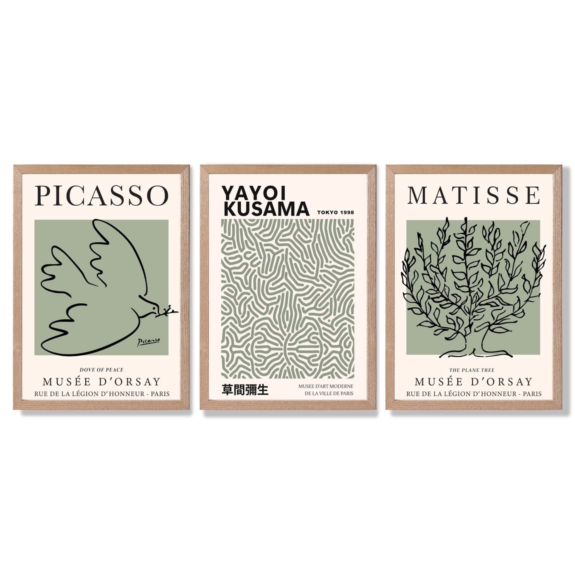 Set of 3 Set of 3 Picasso,Matisse and Yayoi Kusama Sage Green Framed Art Prints with Light Oak Frames