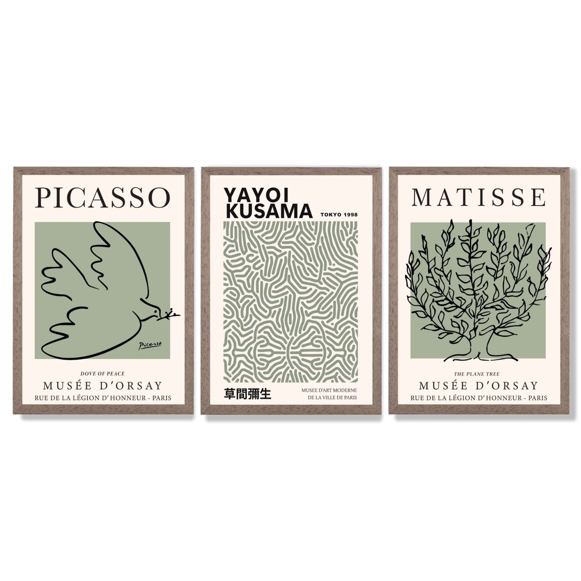 Set of 3 Set of 3 Picasso,Matisse and Yayoi Kusama Sage Green Framed Art Prints with Light Walnut Frames