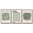 Set of 3 Set of 3 Picasso,Matisse and Yayoi Kusama Sage Green Framed Art Prints with Light Walnut Frames
