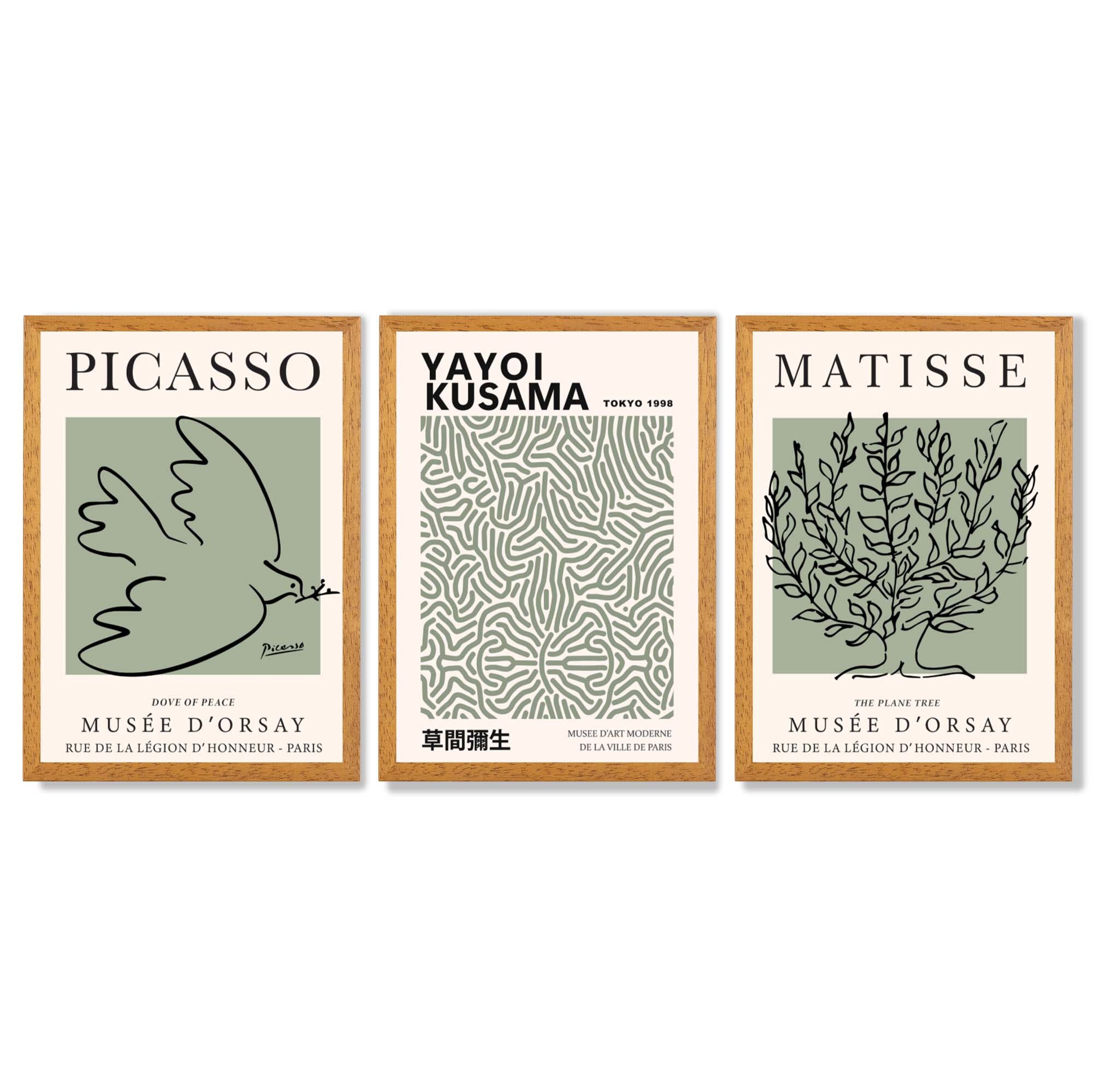 Set of 3 Set of 3 Picasso,Matisse and Yayoi Kusama Sage Green Framed Art Prints with Oak Wooden Frames