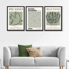 Set of 3 Set of 3 Picasso,Matisse and Yayoi Kusama Sage Green Art Prints in Black Frames | Artze UK