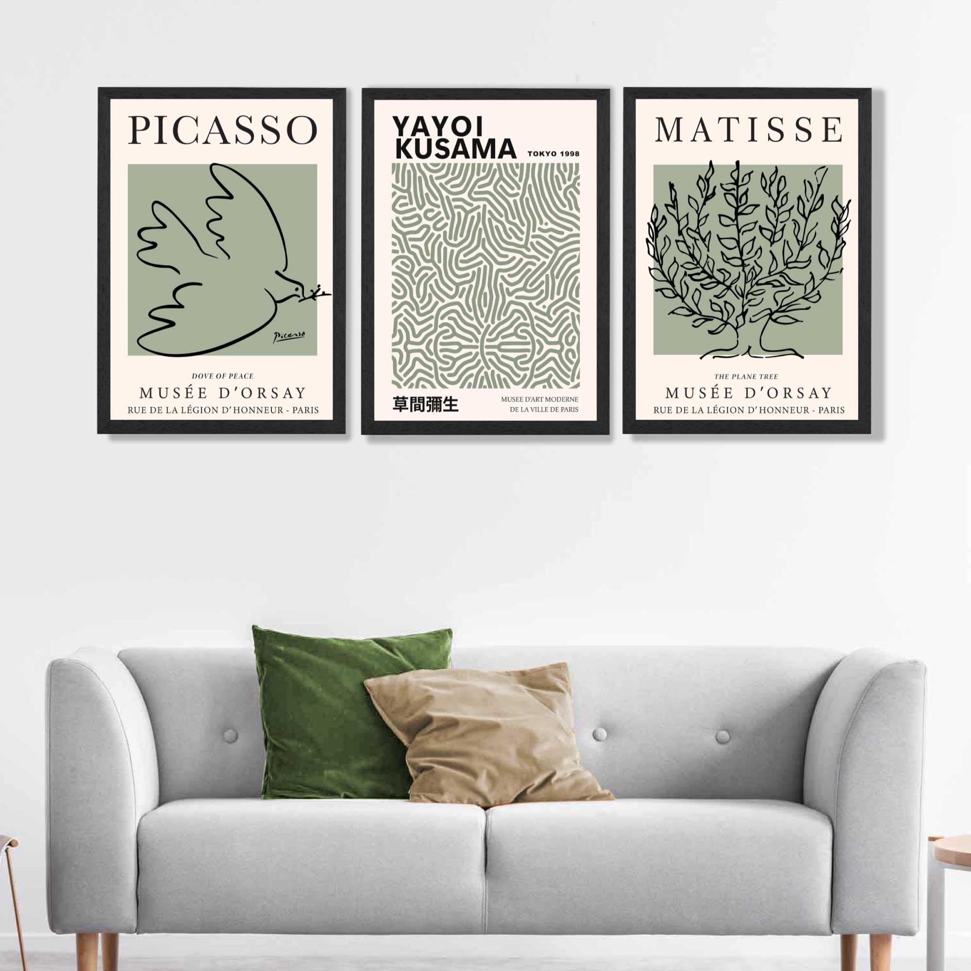 Set of 3 Set of 3 Picasso,Matisse and Yayoi Kusama Sage Green Art Prints in Black Frames | Artze UK
