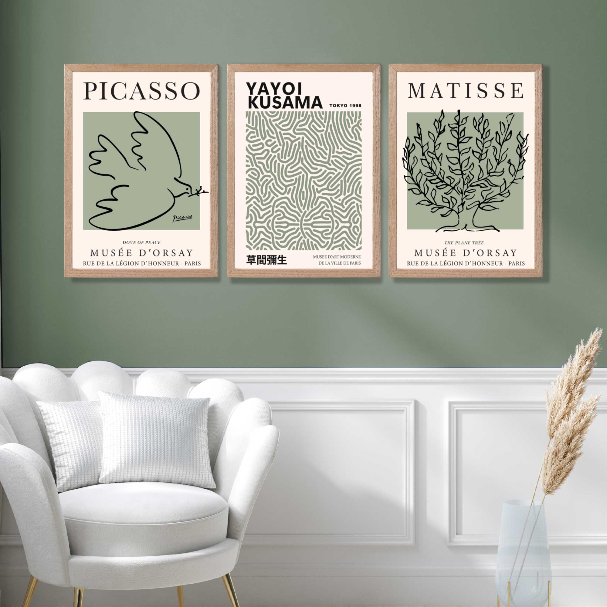 Set of 3 Set of 3 Picasso,Matisse and Yayoi Kusama Sage Green Art Prints in Oak Frames | Artze UK