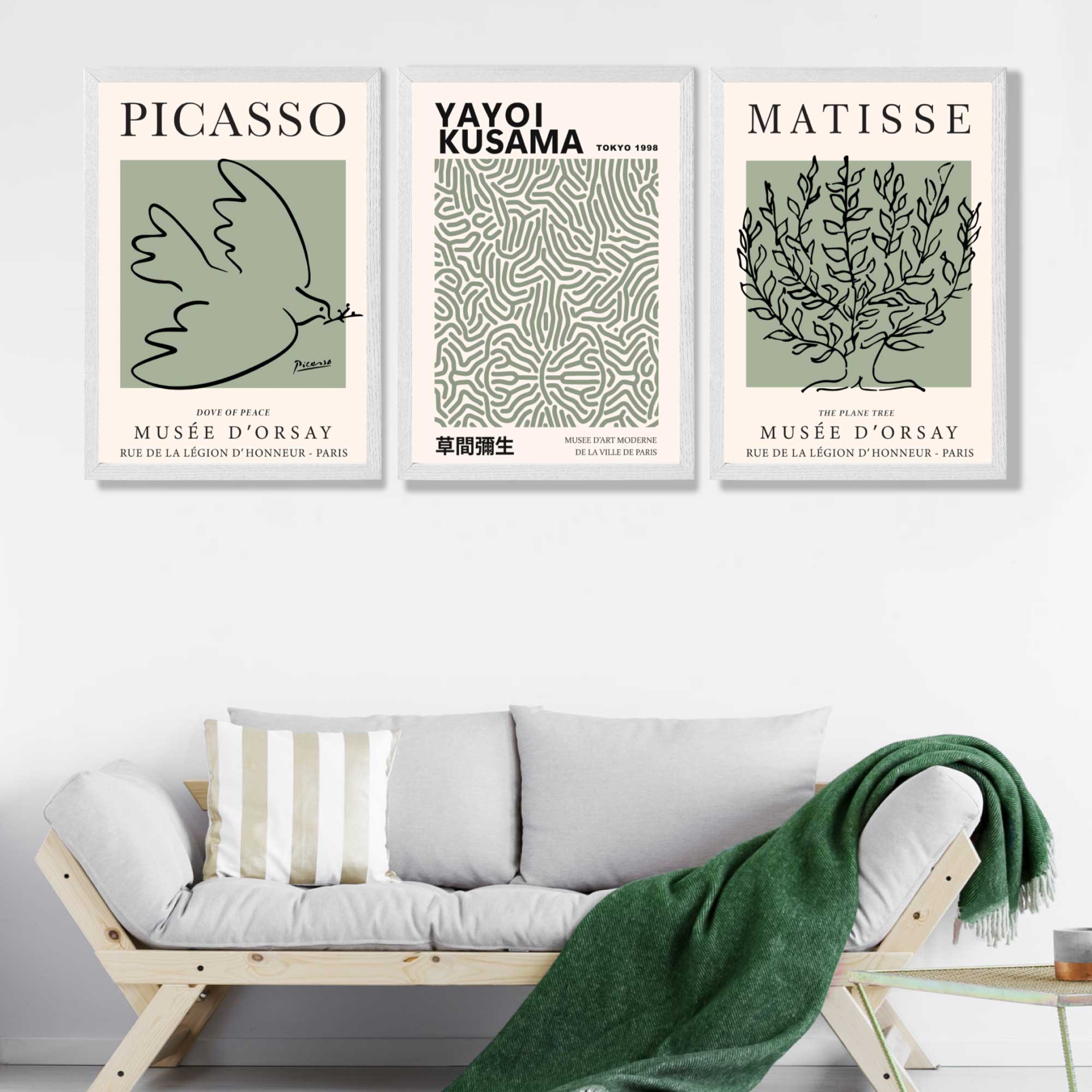 Set of 3 Set of 3 Picasso,Matisse and Yayoi Kusama Sage Green Art Prints in White Frames | Artze UK