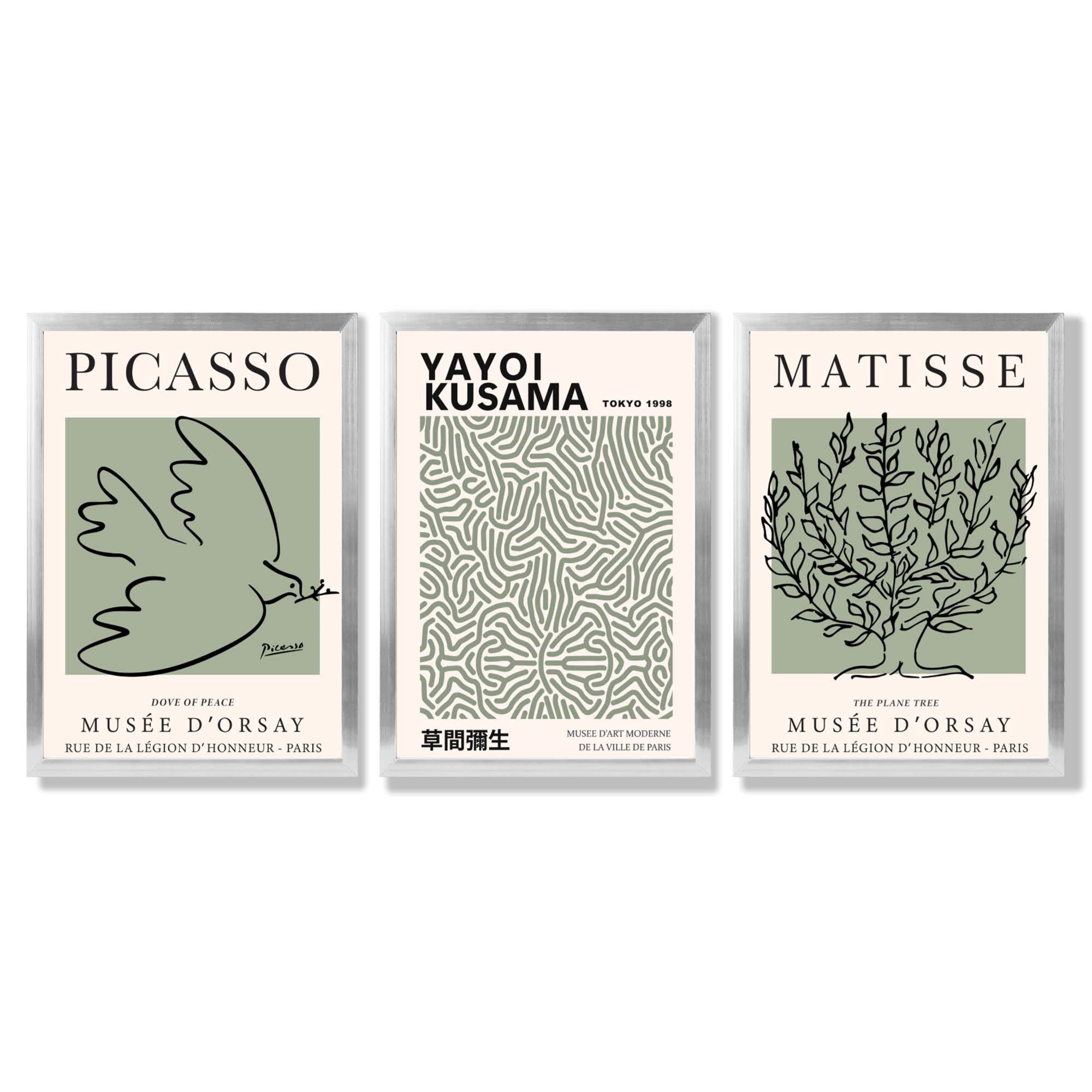 Set of 3 Set of 3 Picasso,Matisse and Yayoi Kusama Sage Green Framed Art Prints with Silver Wood Frames
