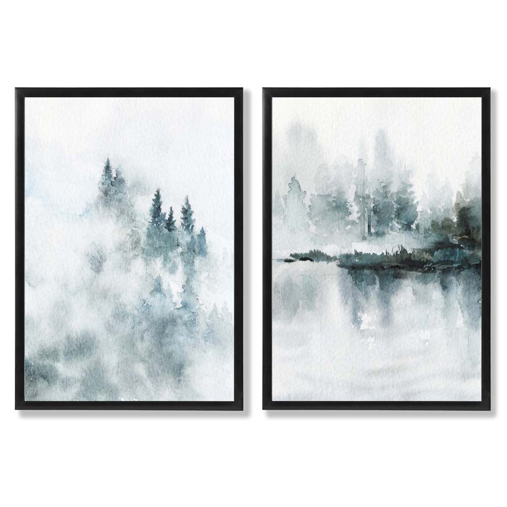 Teal Blue Forest Lake Set of 2 Art Prints with Black Frame