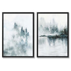 Teal Blue Forest Lake Set of 2 Art Prints with Black Frame