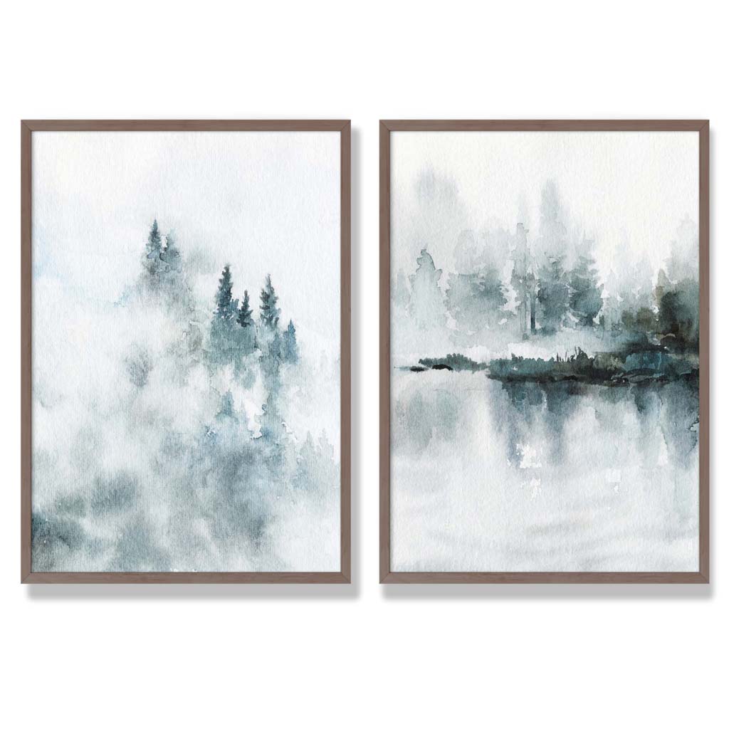 Teal Blue Forest Lake Set of 2 Art Prints with Walnut Frame