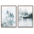 Teal Blue Forest Lake Set of 2 Art Prints with Walnut Frame