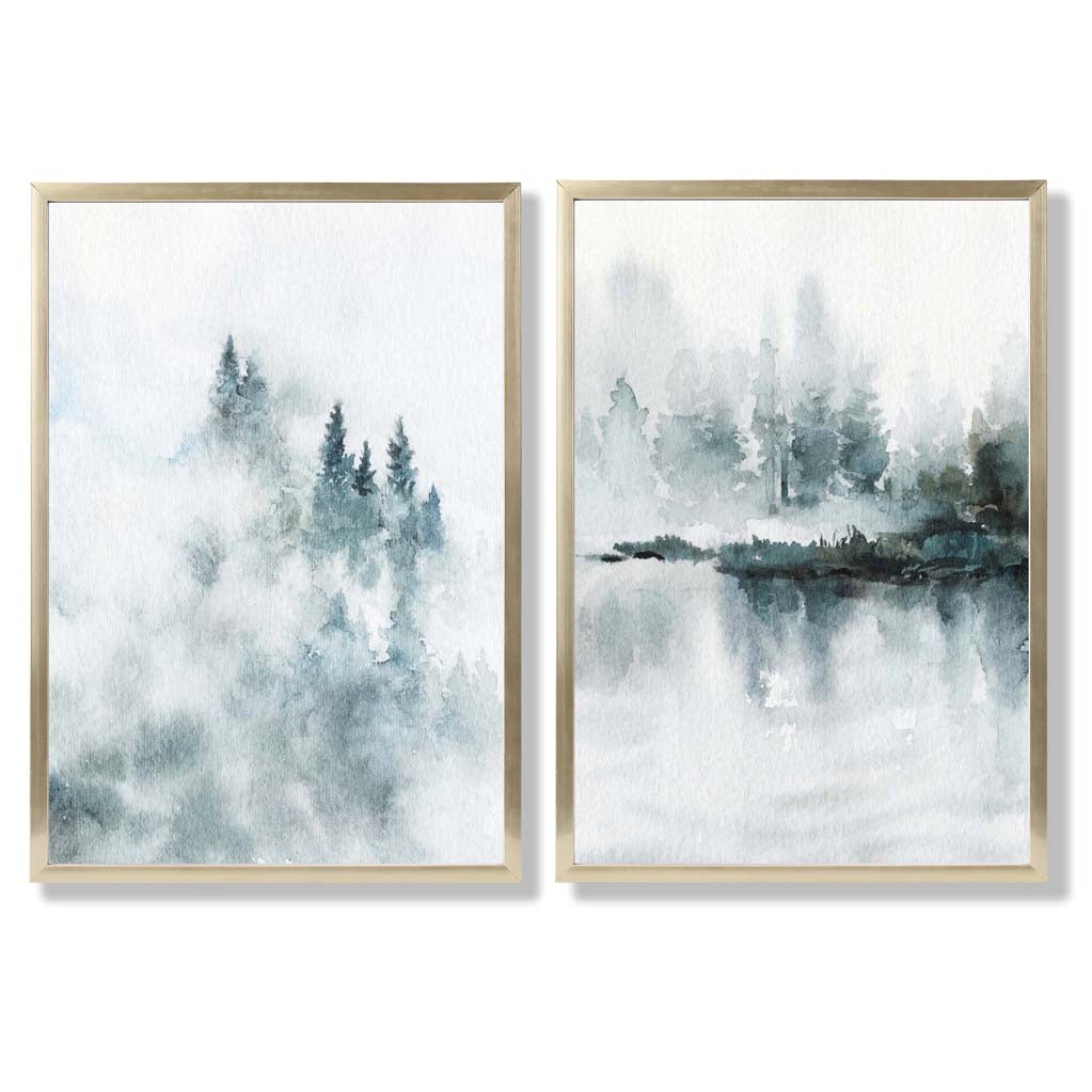 Teal Blue Forest Lake Set of 2 Art Prints with Gold Frame