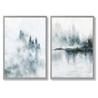Teal Blue Forest Lake Set of 2 Art Prints with Light Grey Frame
