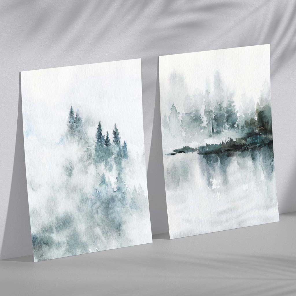 Teal Blue Forest Lake Set of 2 Art Prints
