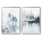 Teal Blue Forest Lake Set of 2 Art Prints with Silver Frame