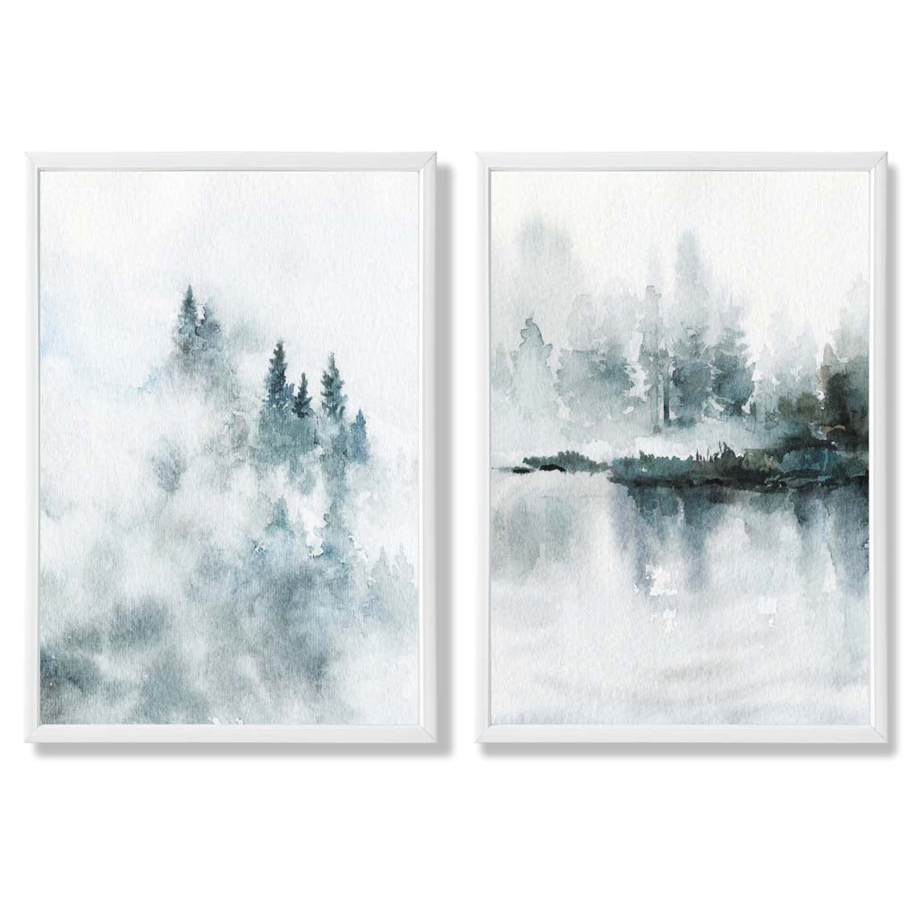 Teal Blue Forest Lake Set of 2 Art Prints with White Frame