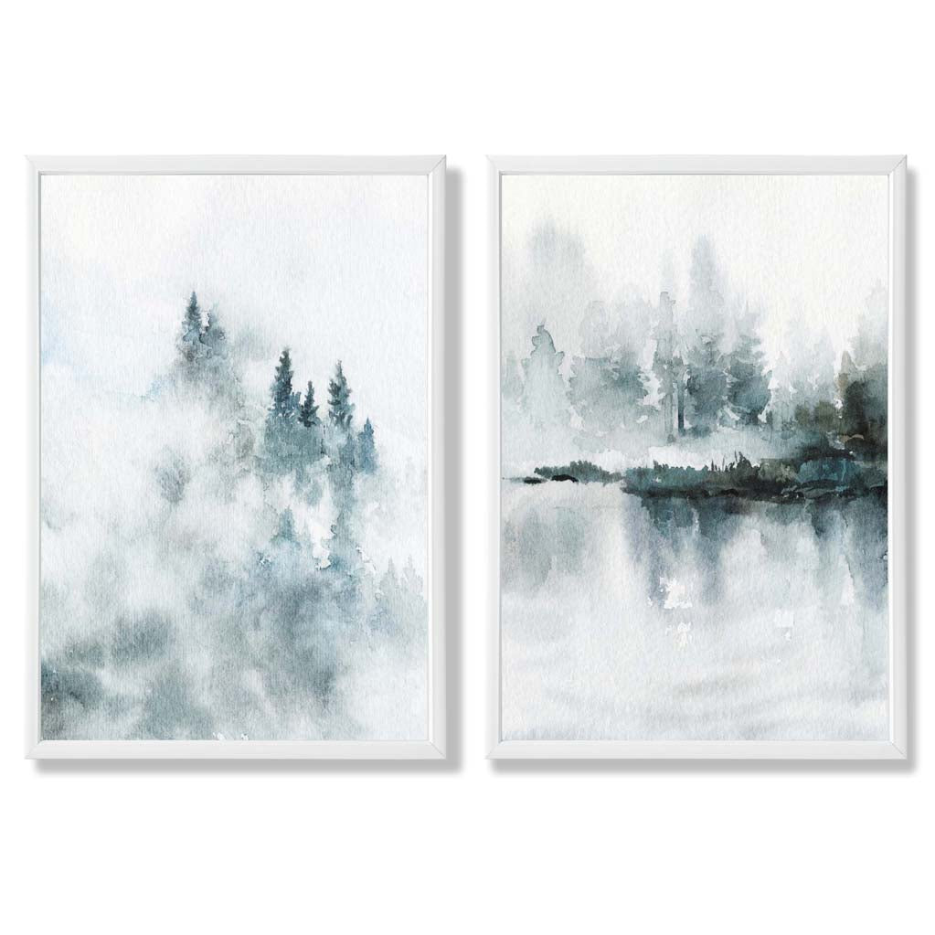 Teal Blue Forest Lake Set of 2 Art Prints with White Frame