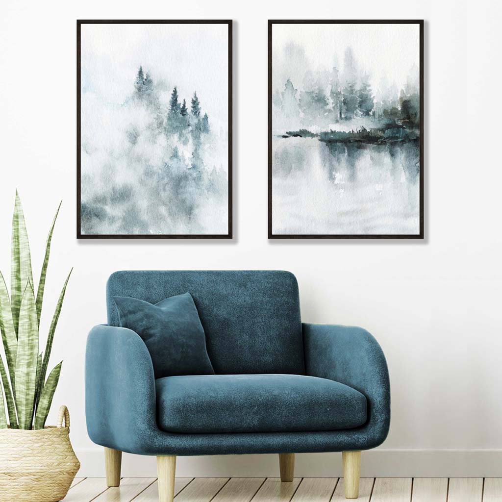 Teal Blue Forest Lake Set of 2 Art Posters | Artze Wall Art UK