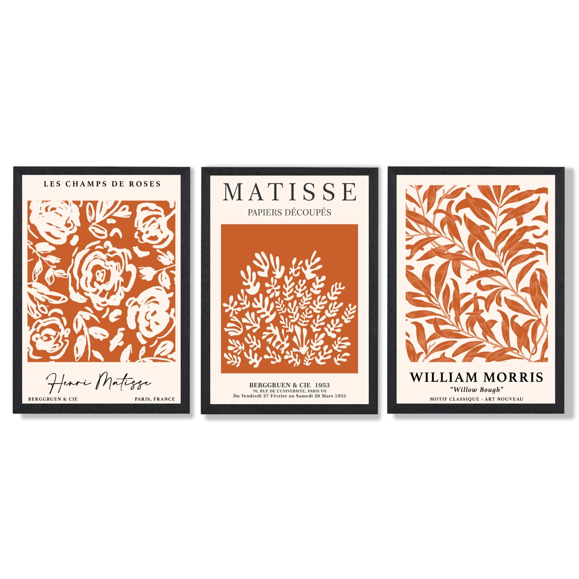 Set of 3 Matisse and William Morris Dark Orange Floral Framed Art Prints with Black Wooden Frames