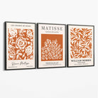 Set of 3 Matisse and William Morris Dark Orange Floral Canvas Art Prints with Grey Float Frame