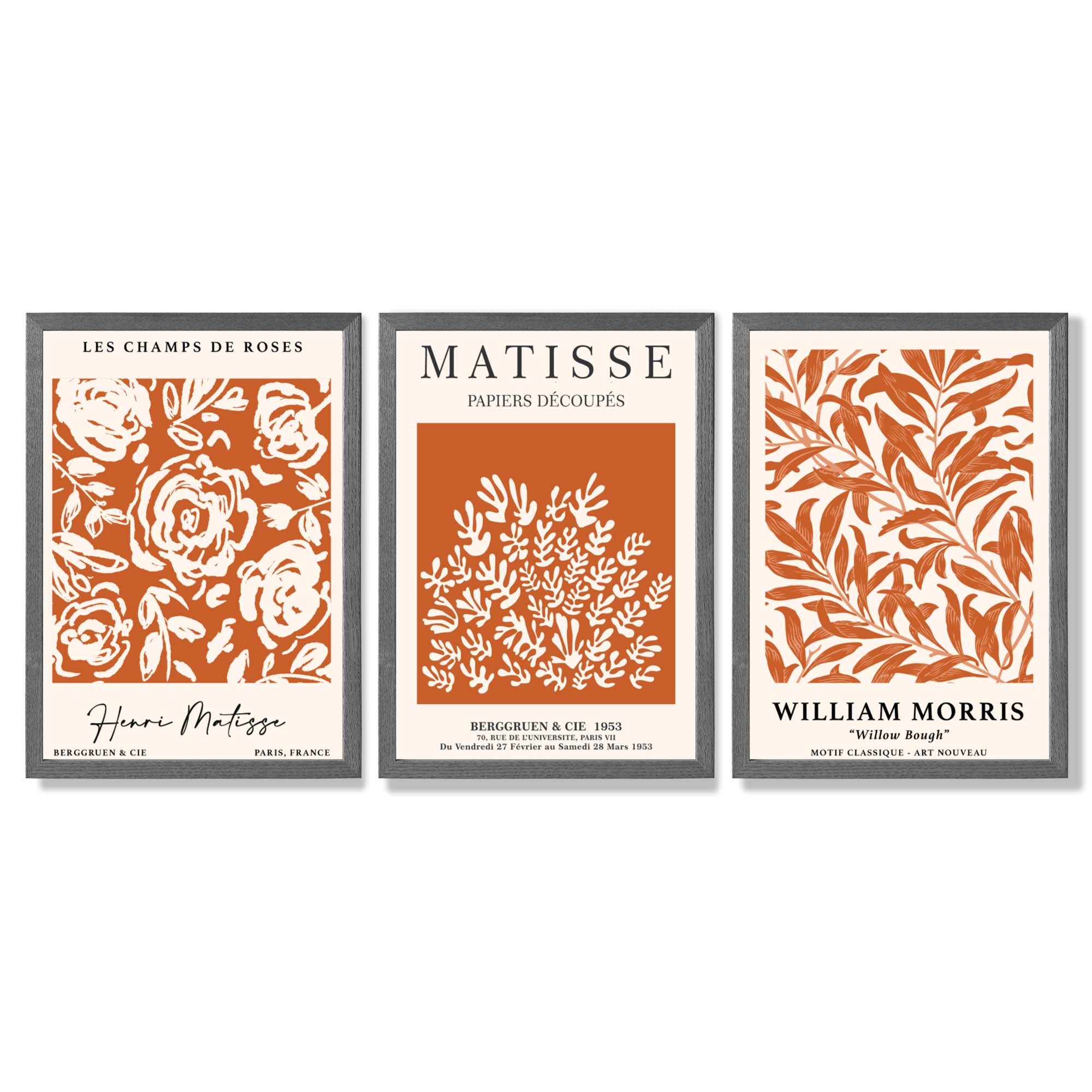 Set of 3 Matisse and William Morris Dark Orange Floral Framed Art Prints with Dark Grey Wooden Frames