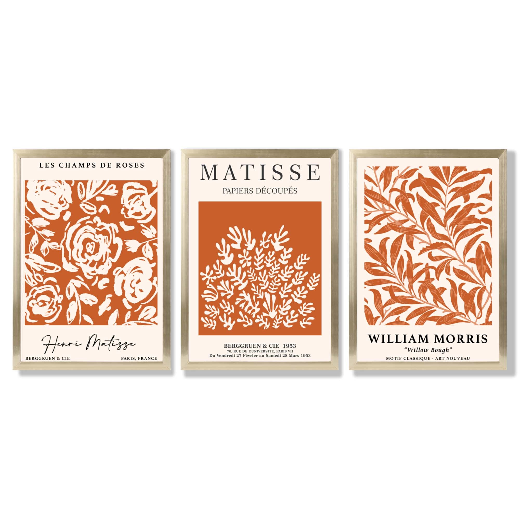 Set of 3 Matisse and William Morris Dark Orange Floral Framed Art Prints with Gold Wood Frames