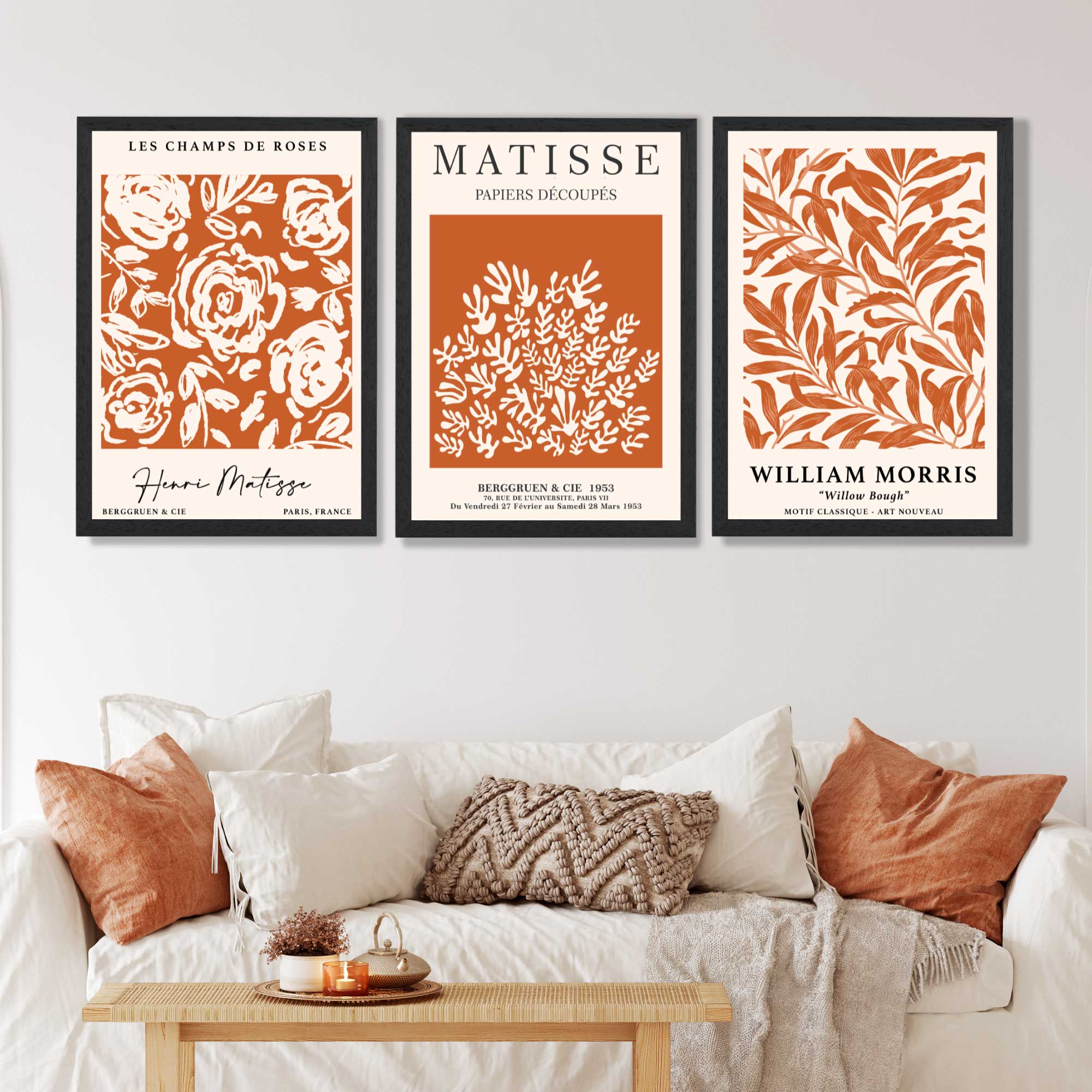 Set of 3 Matisse and William Morris Dark Orange Floral Art Prints in Black Frames | Artze UK
